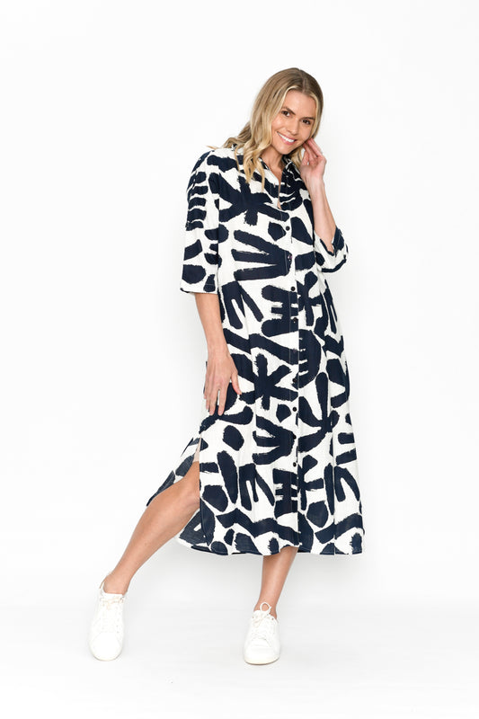Sofia Print Stripe Shirt Dress - Lrg Abs Navy