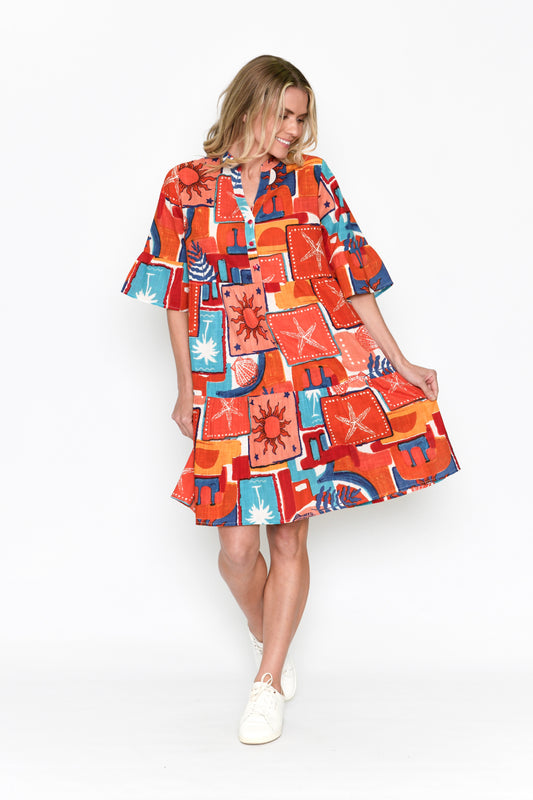 Maya Button V Neck Print Stripe Layer Dress - Sunsea 1
