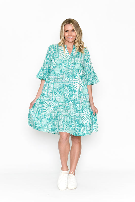 Maya Button V Neck Print Stripe Layer Dress - Floralscf 3