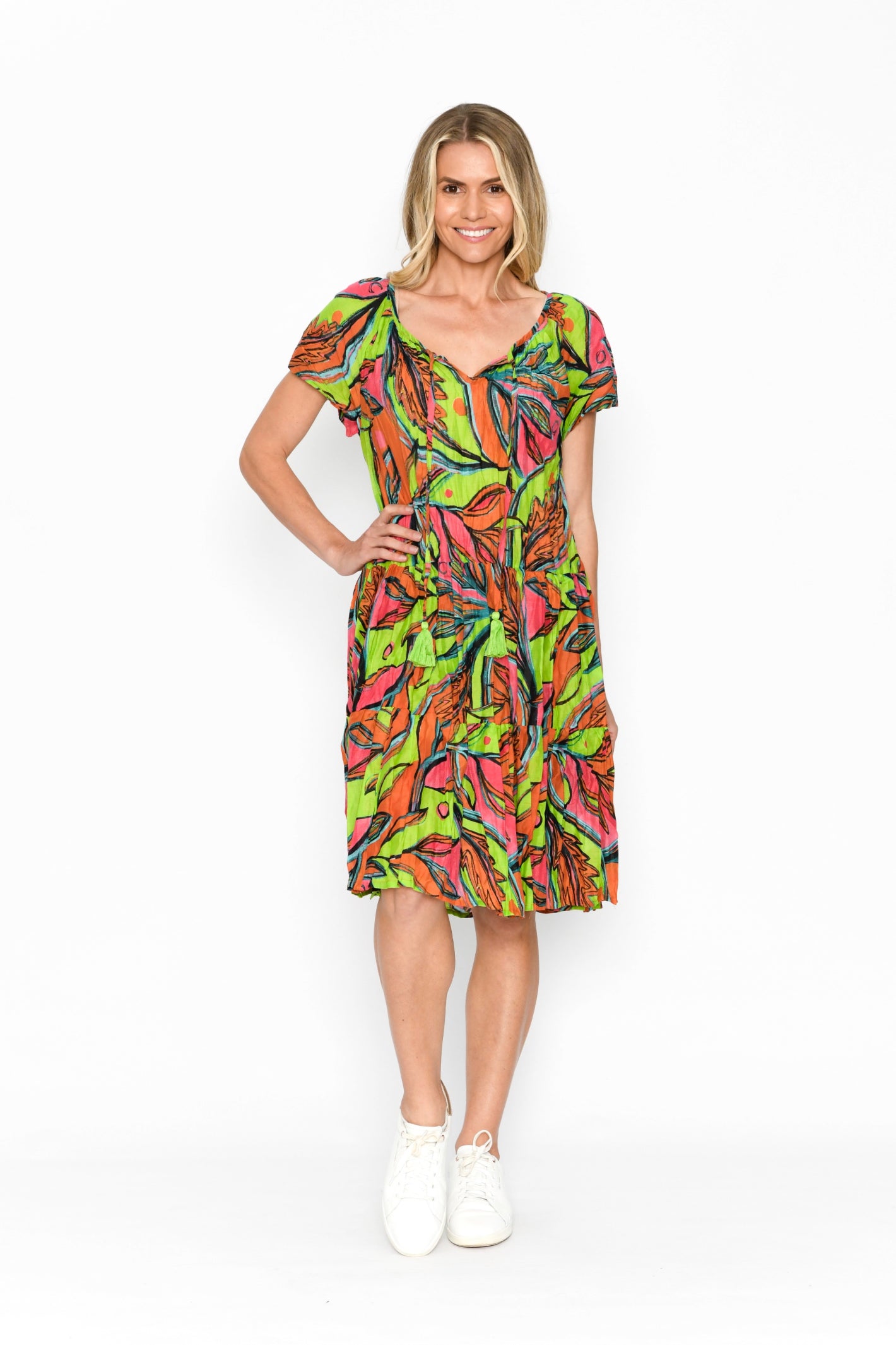 Poppy V Neck Cap Sleeve Tassel Dress - Fauna 2