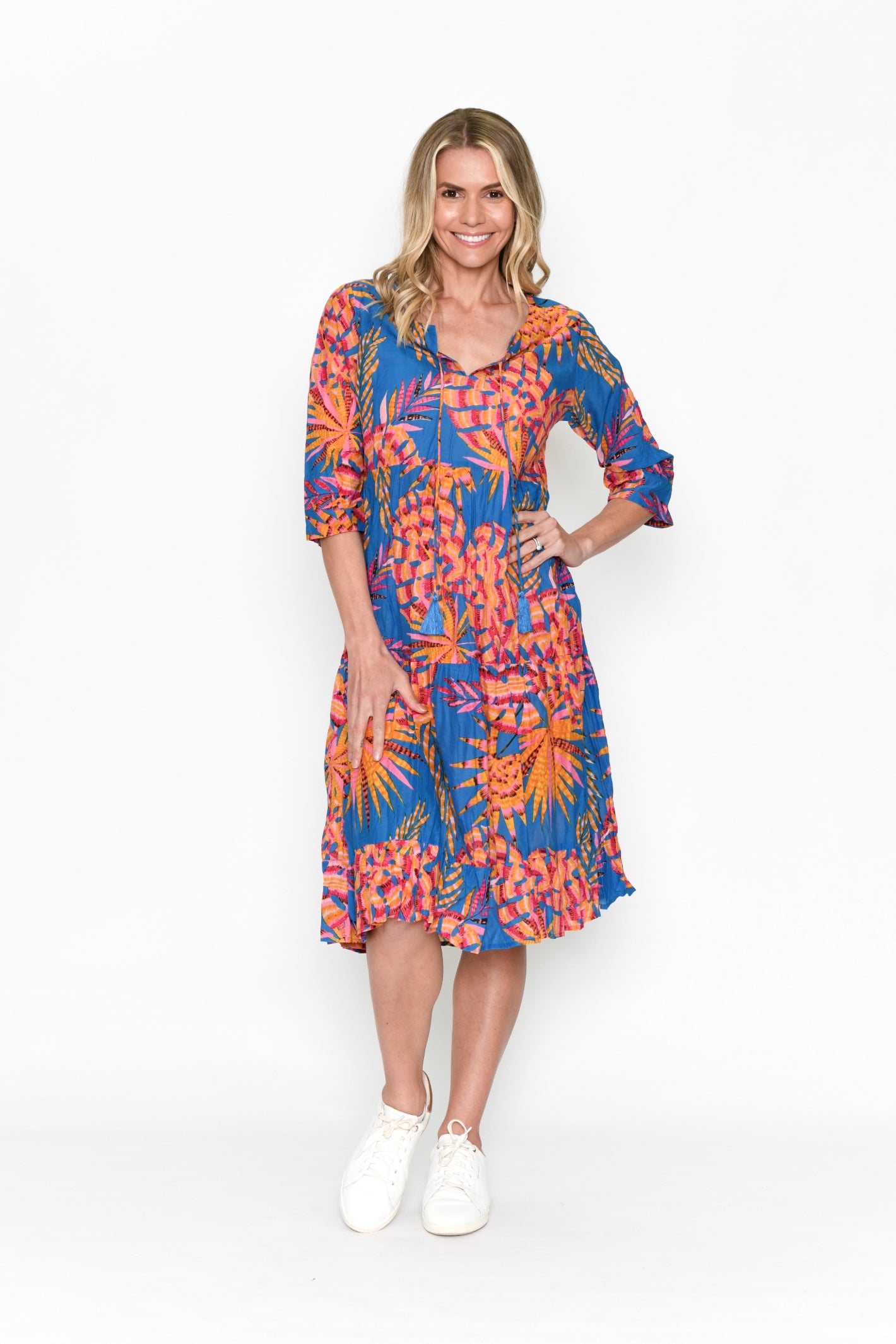 Rebecca 3/4 Sleeve Tie Neck Dress - Sketchtrop Blue