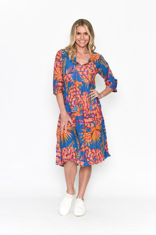 Rebecca 3/4 Sleeve Tie Neck Dress - Sketchtrop Blue
