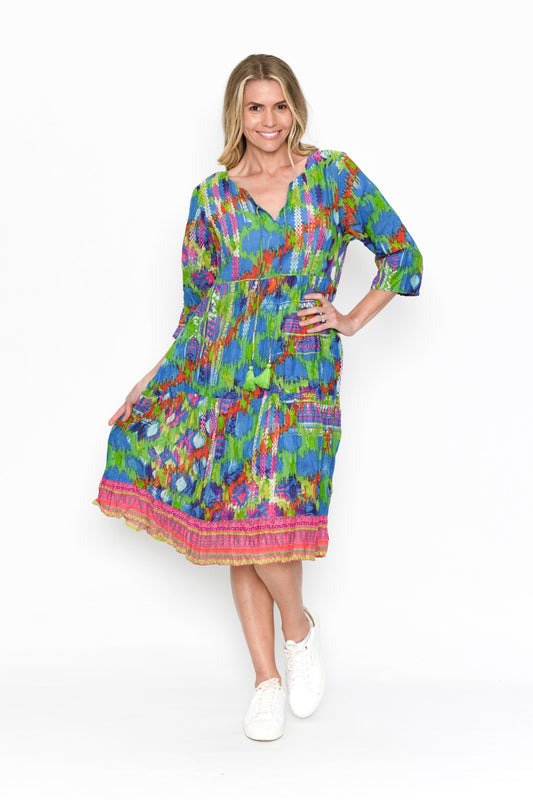Rebecca 3/4 Sleeve Tie Neck Dress - Ikat 2