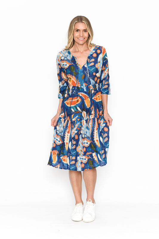 Rebecca 3/4 Sleeve Tie Neck Dress - Brtleaves Navy