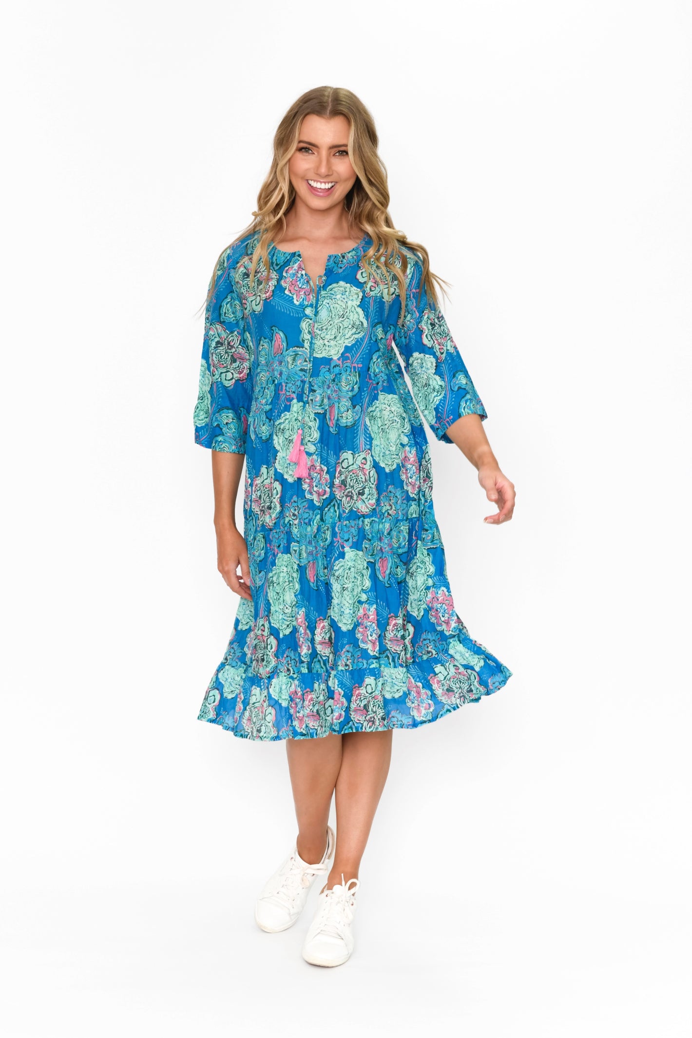 Rebecca 3/4 Sleeve Tie Neck Dress - Print 4
