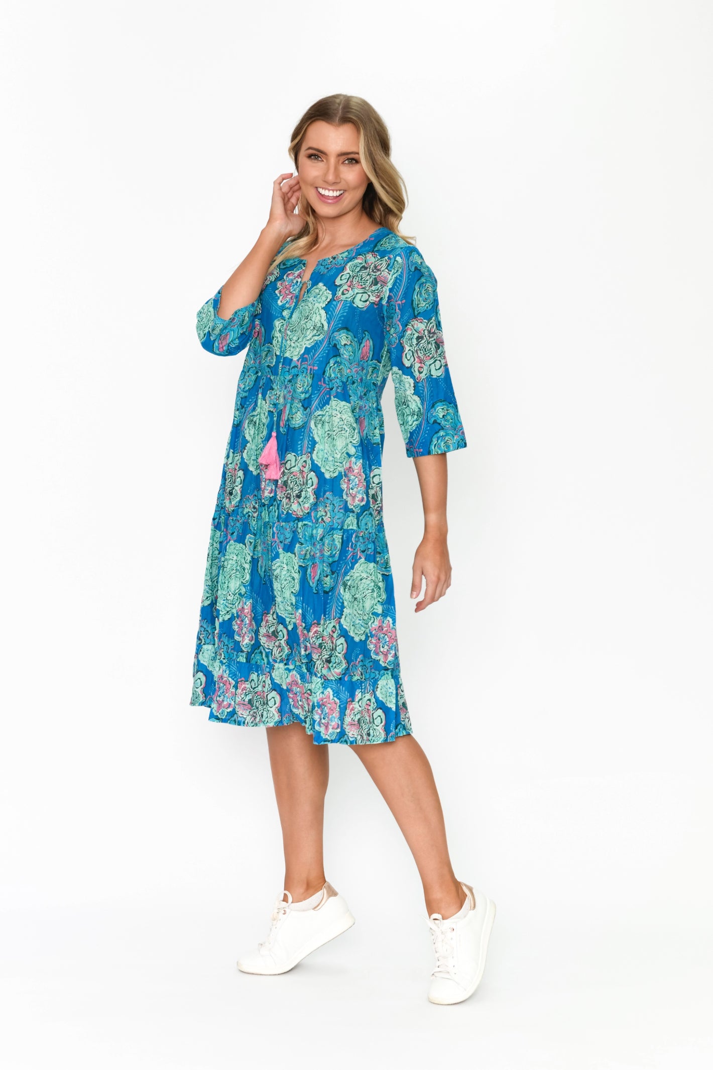 Rebecca 3/4 Sleeve Tie Neck Dress - Print 4