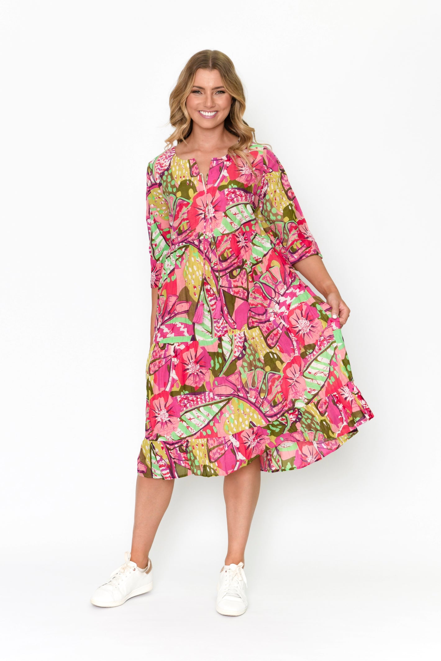 Rebecca 3/4 Sleeve Tie Neck Dress - Print 16