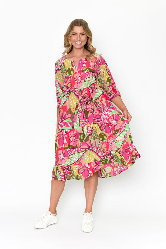 Rebecca 3/4 Sleeve Tie Neck Dress - Print 16