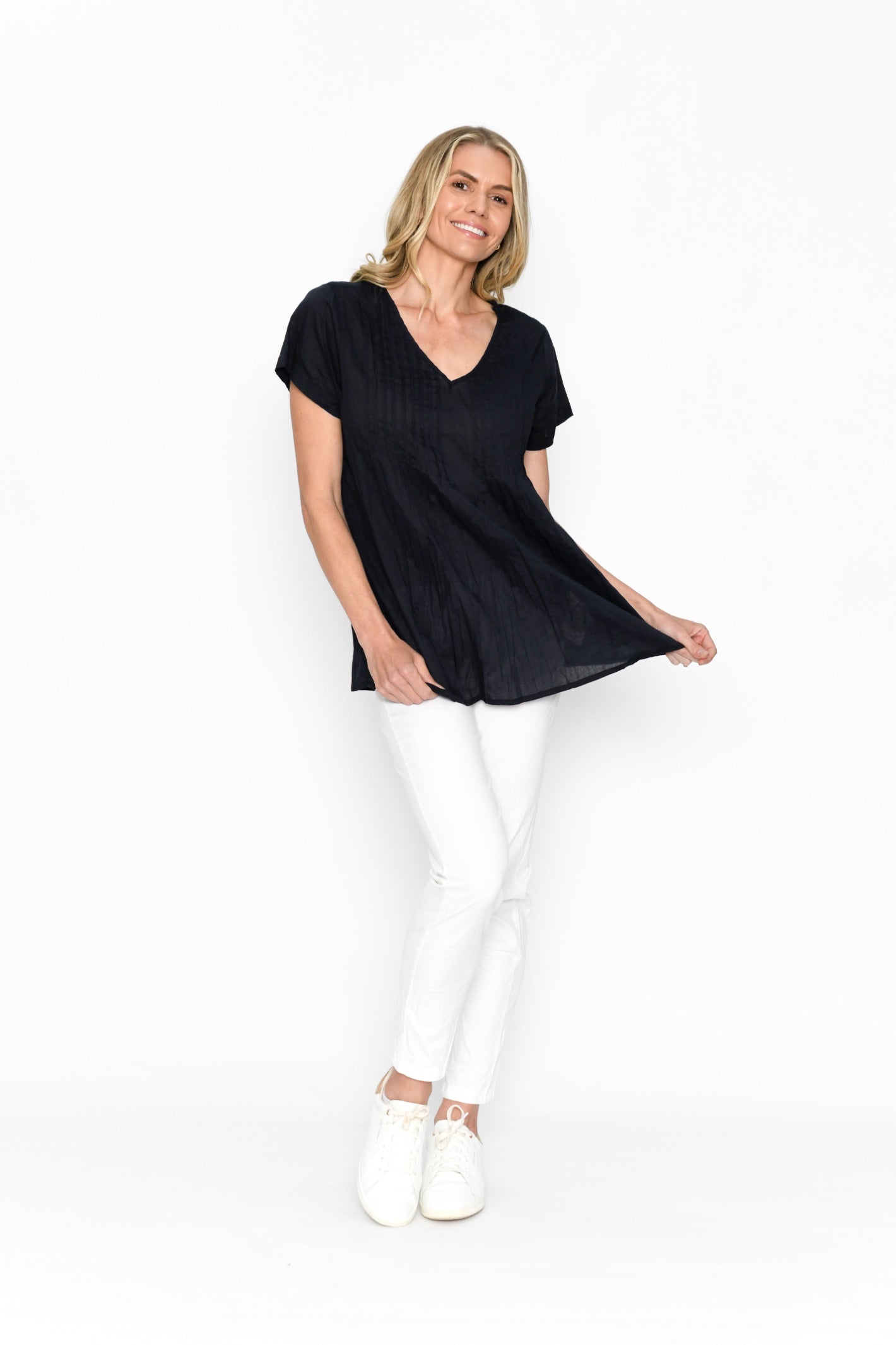Kayla Solid Short Sleeve Cotton Blouse - Navy