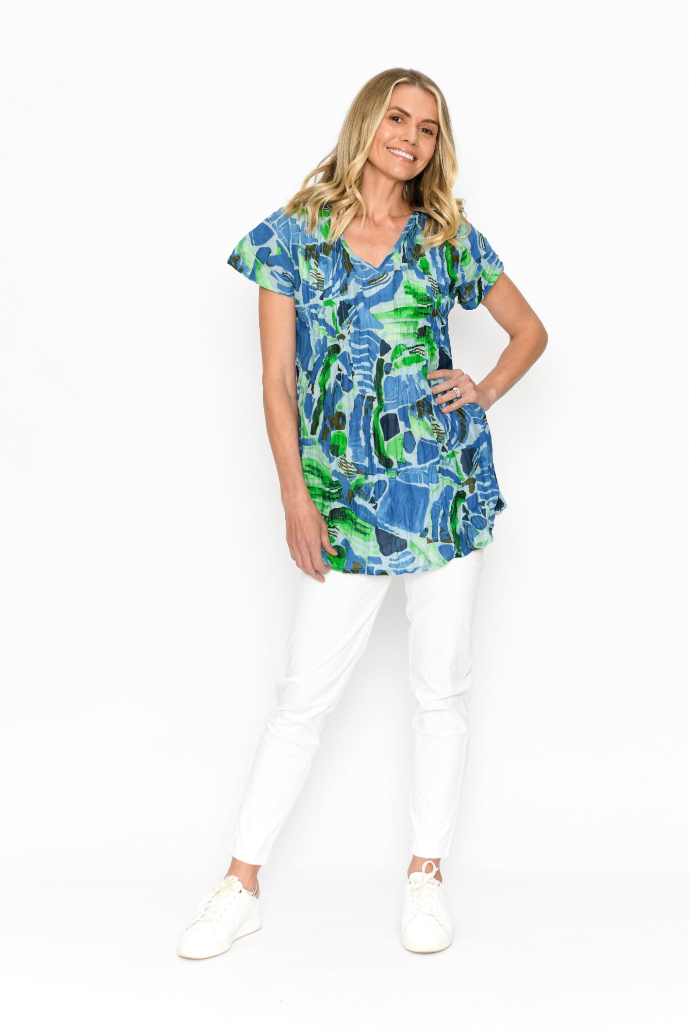 Kayla Short Sleeve Cotton Blouse - Abstract Aqua