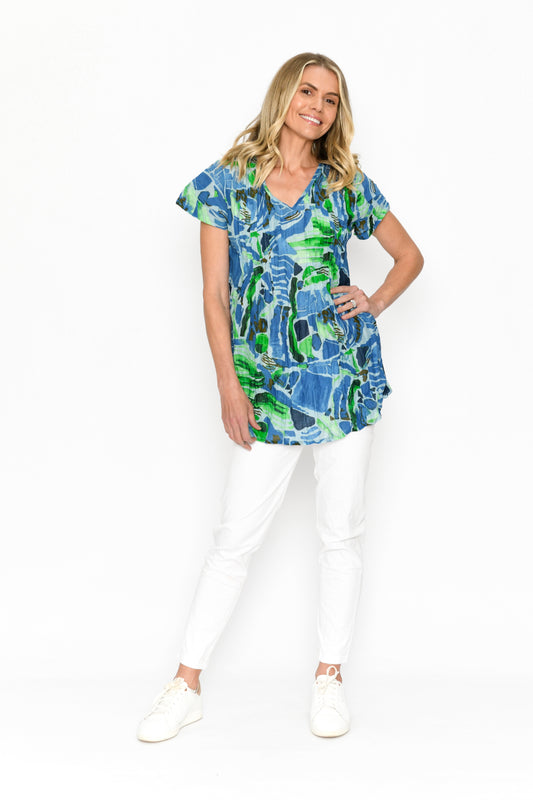 Kayla Short Sleeve Cotton Blouse - Abstract Aqua