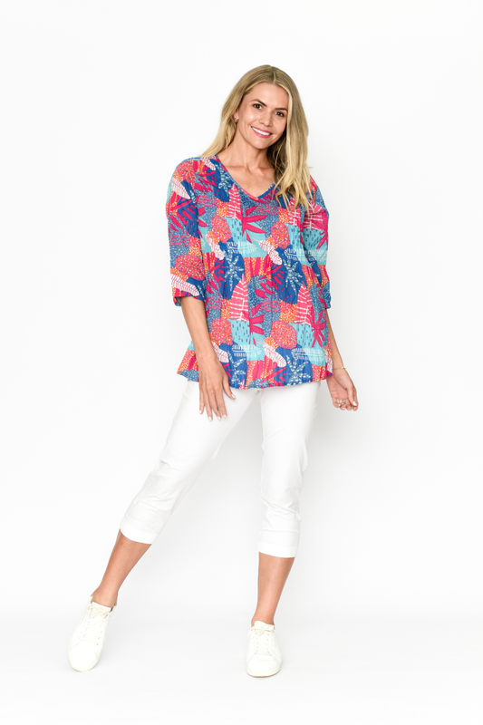 Tina V Neck Pleated Top 3/4 Sleeve Top - Palm Parrot 3