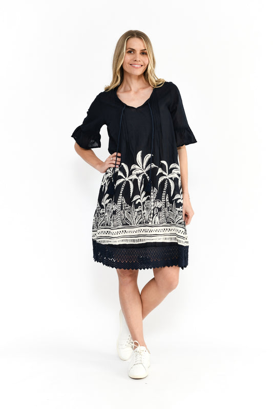 Hannah Tunic Boho Short Sleeve Tunic - Mono Border Navy