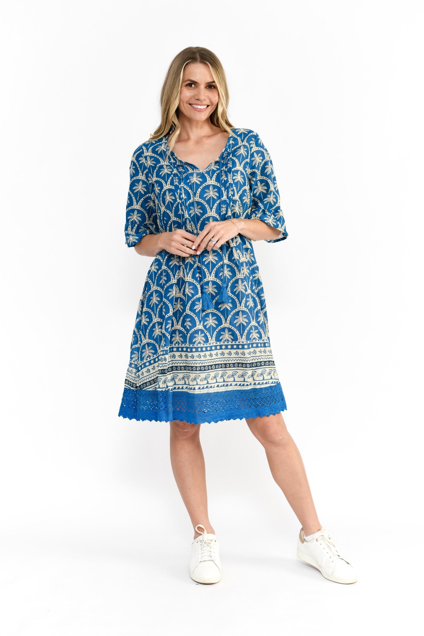 Hannah Tunic Boho Short Sleeve Tunic - Palm Border Denim