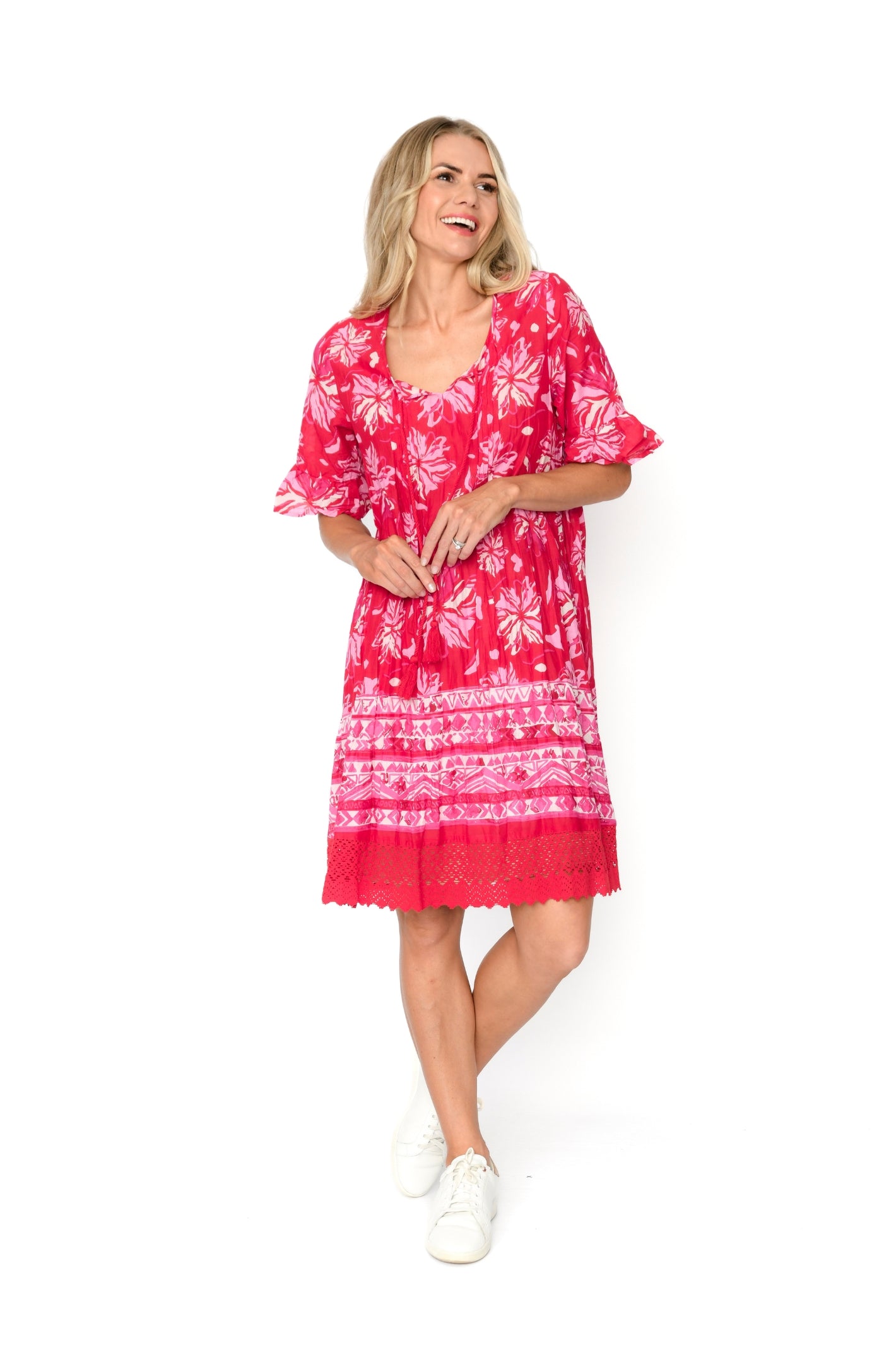 Hannah Tunic Boho Short Sleeve Tunic - Watercolour Red