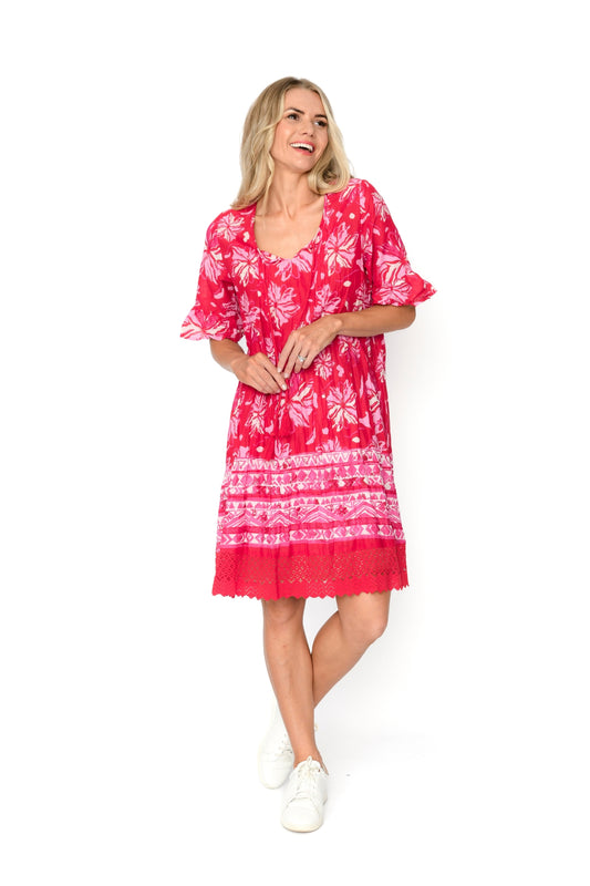 Hannah Tunic Boho Short Sleeve Tunic - Watercolour Red