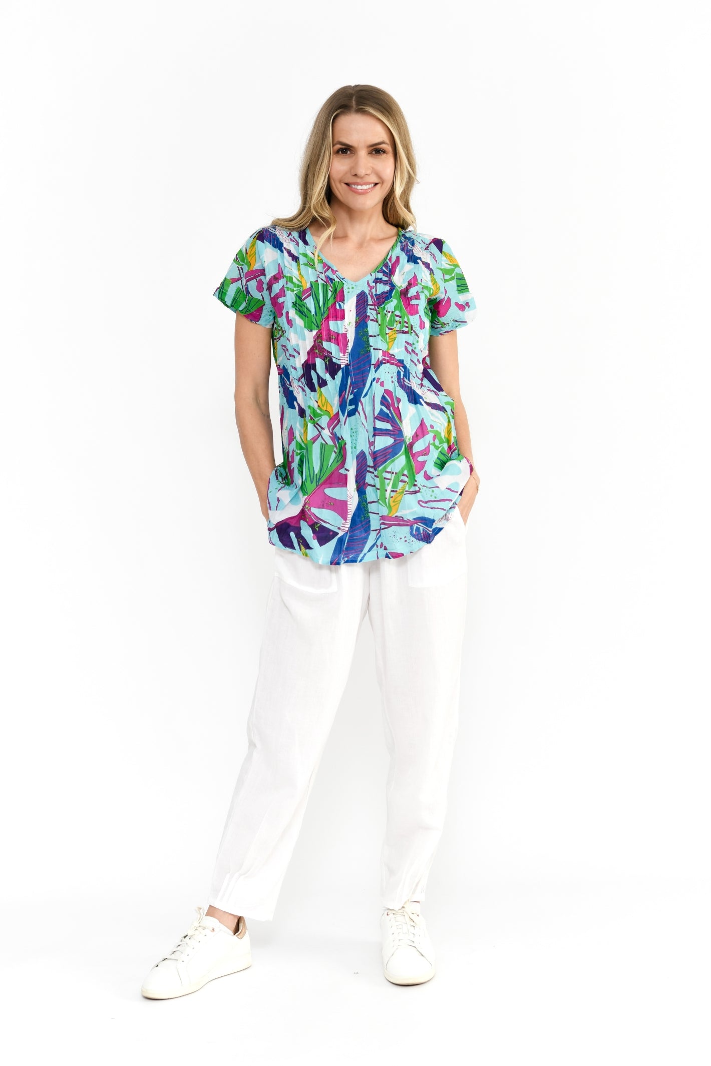 Kayla Cotton Blouse Short Sleeve Blouse - Abstract Tropical 1