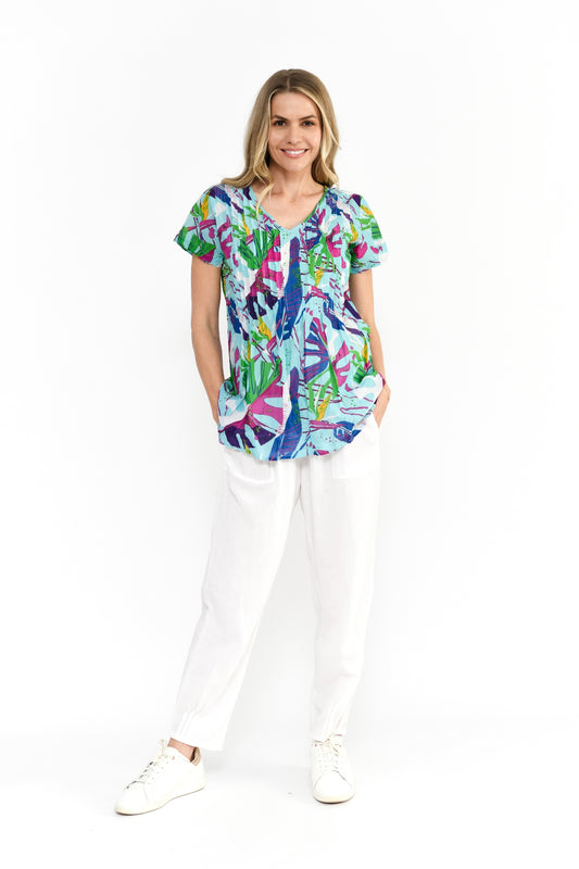 Kayla Cotton Blouse Short Sleeve Blouse - Abstract Tropical 1
