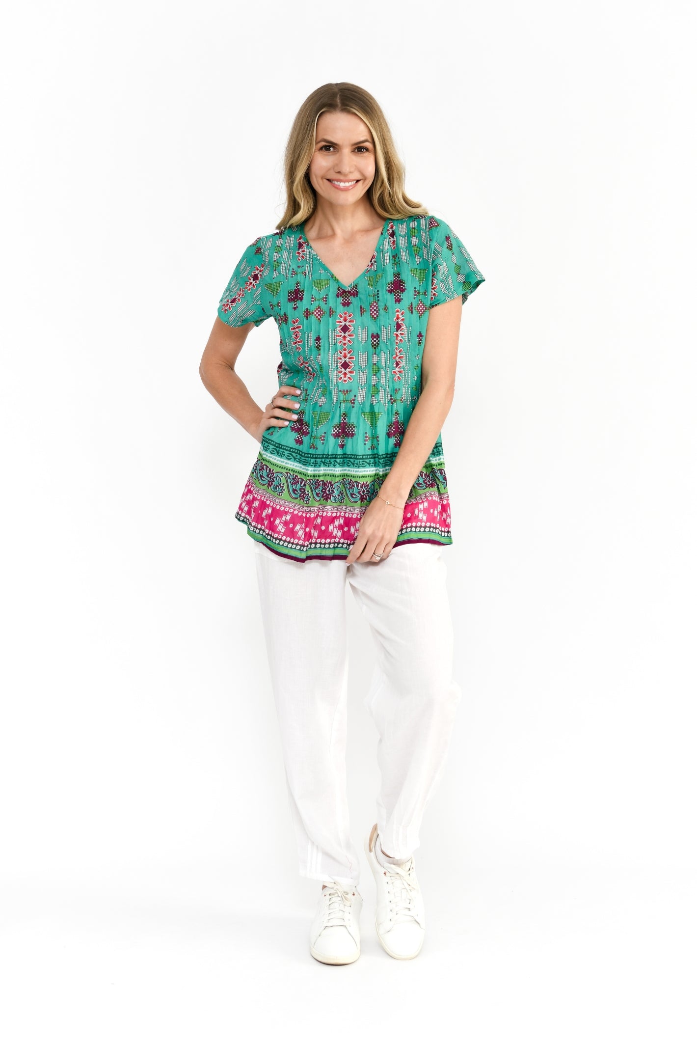 Kayla Cotton Blouse Short Sleeve Blouse - Aztec Border 1