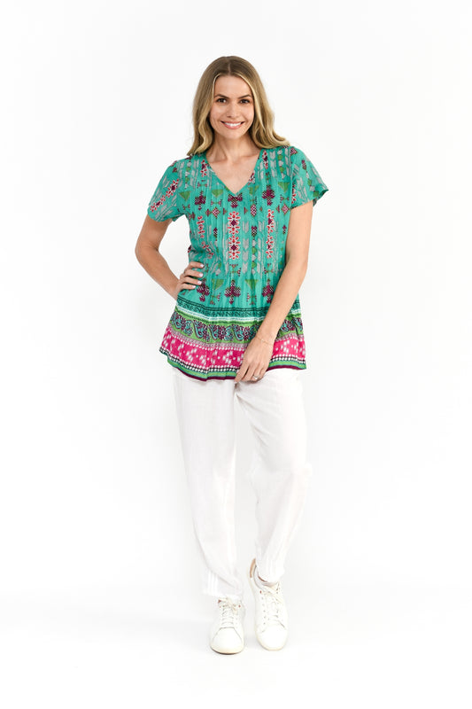 Kayla Cotton Blouse Short Sleeve Blouse - Aztec Border 1