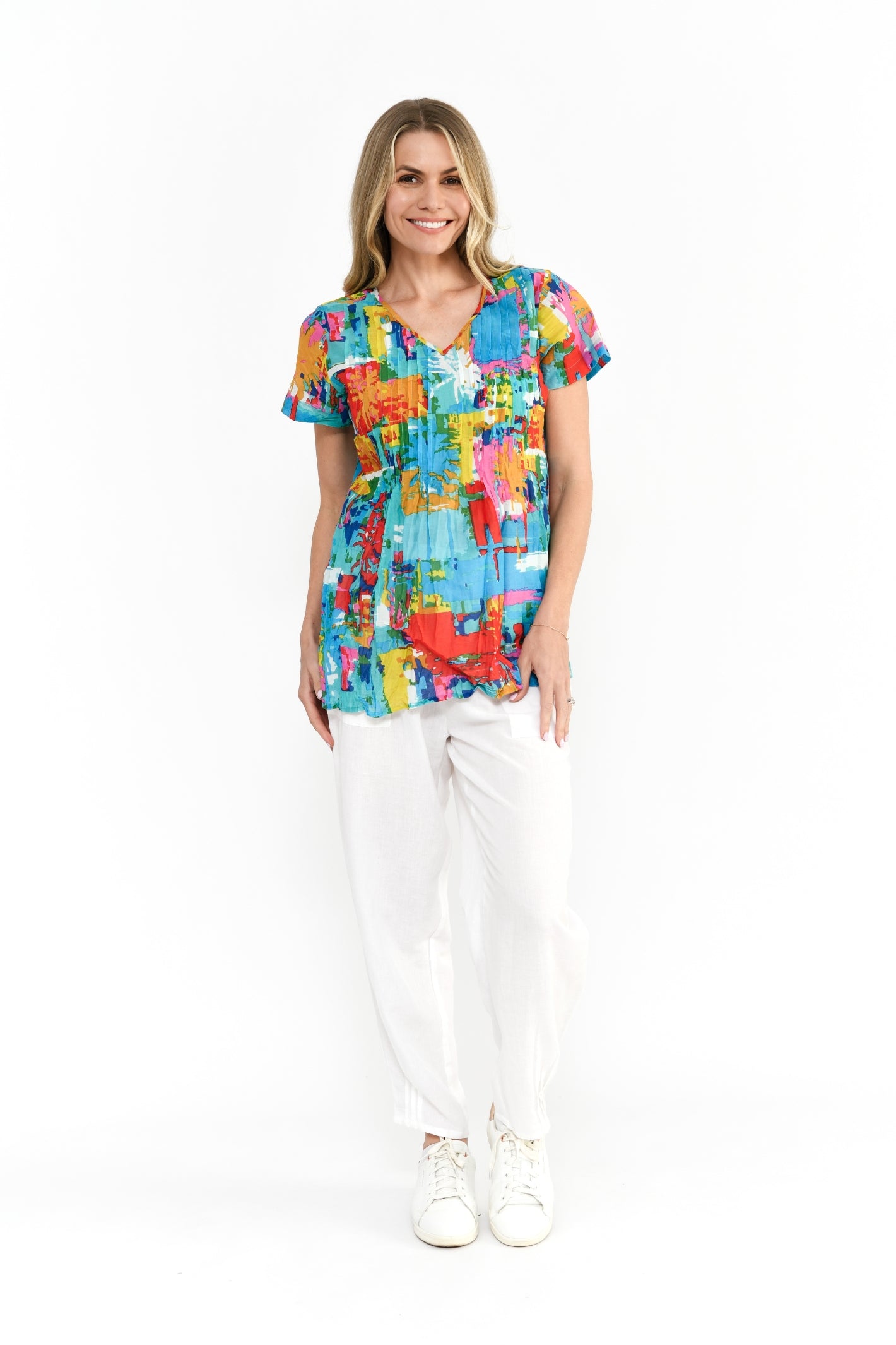 Kayla Cotton Blouse Short Sleeve Blouse - Painted Palms 1