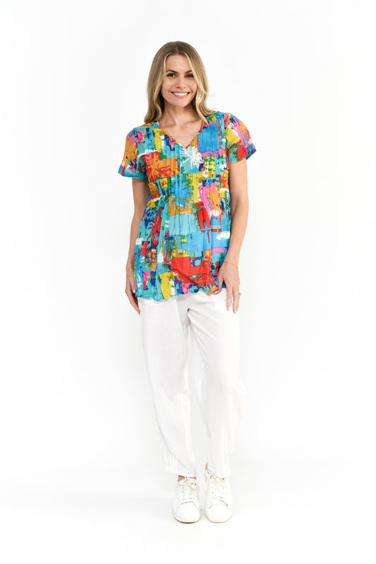Kayla Cotton Blouse Short Sleeve Blouse - Painted Palms 1