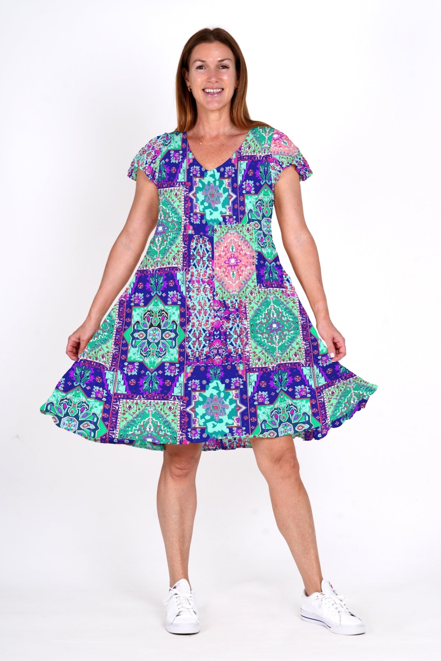 Kimberly Dress V Neck Short Sleeve Dress - Persian 3