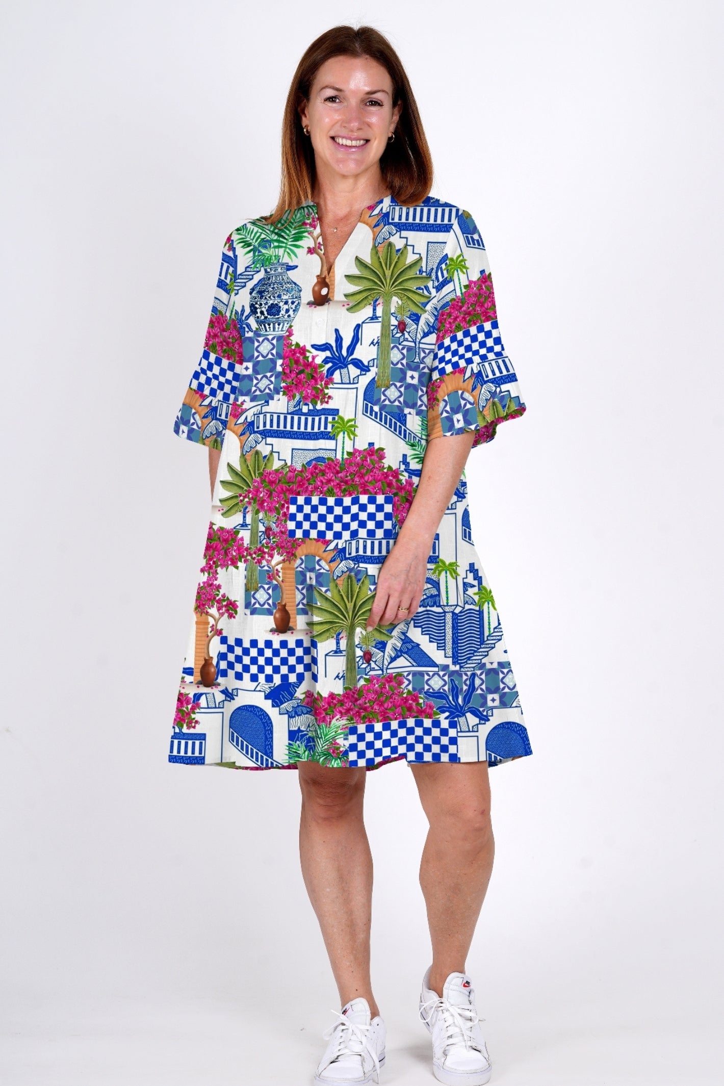 Maya Button V Neck Layer Dress Dress - Greek Island Blue