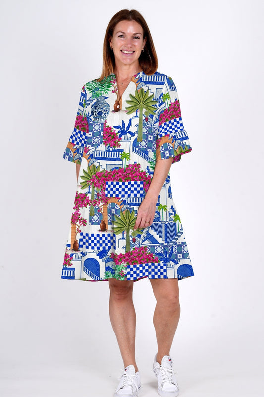Maya Button V Neck Layer Dress Dress - Greek Island Blue