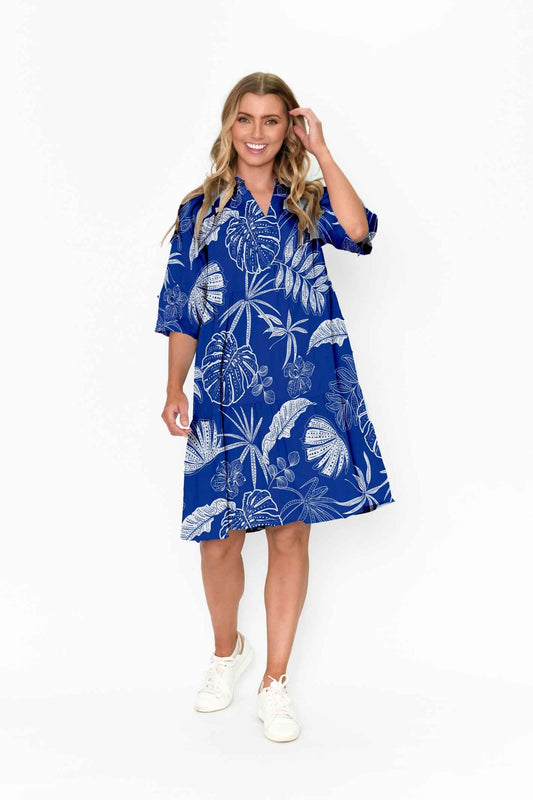 Maya Button V Neck Layer Dress Dress - Mono Indigo