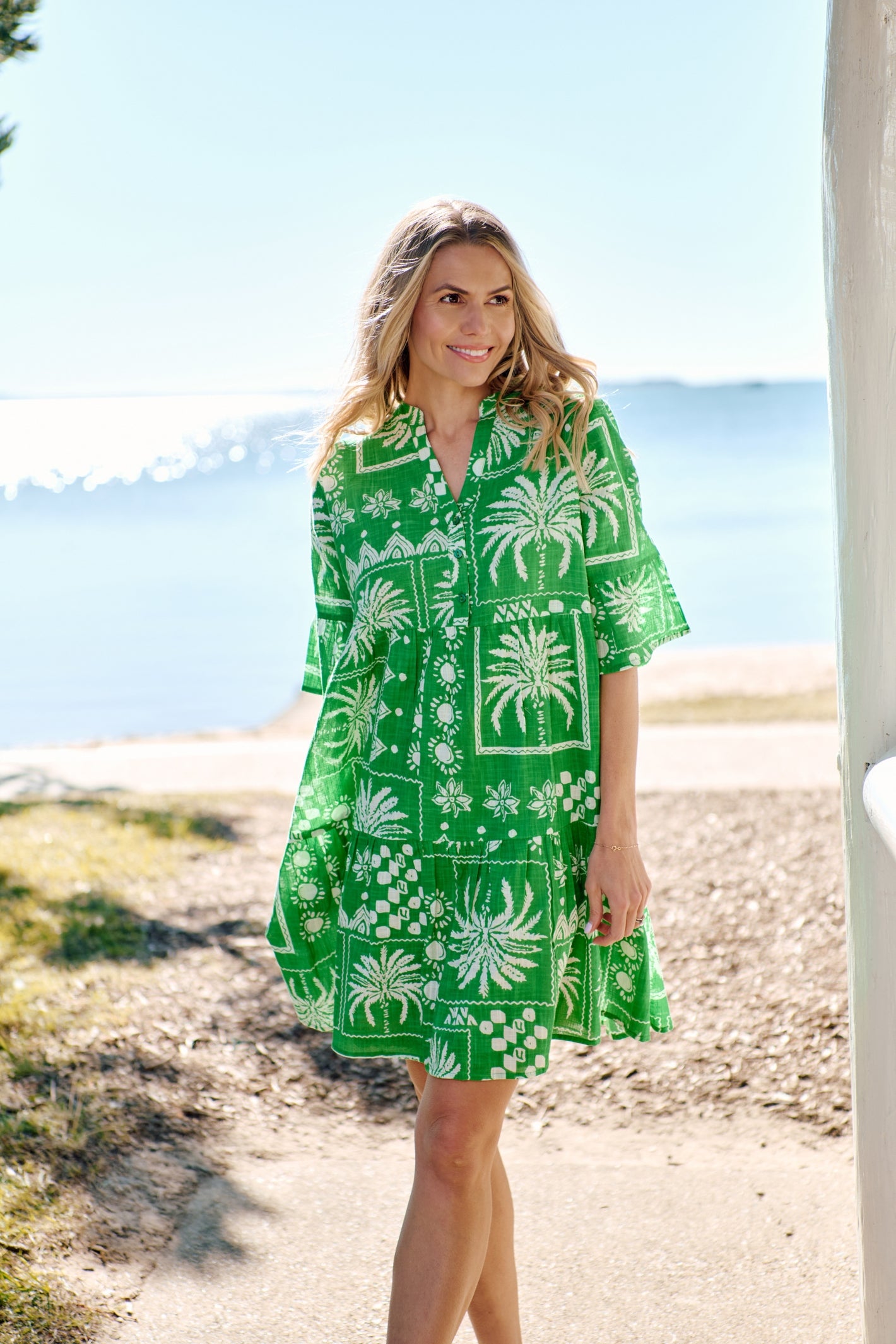 Maya Button V Neck Layer Dress Dress - Mono Patch Green