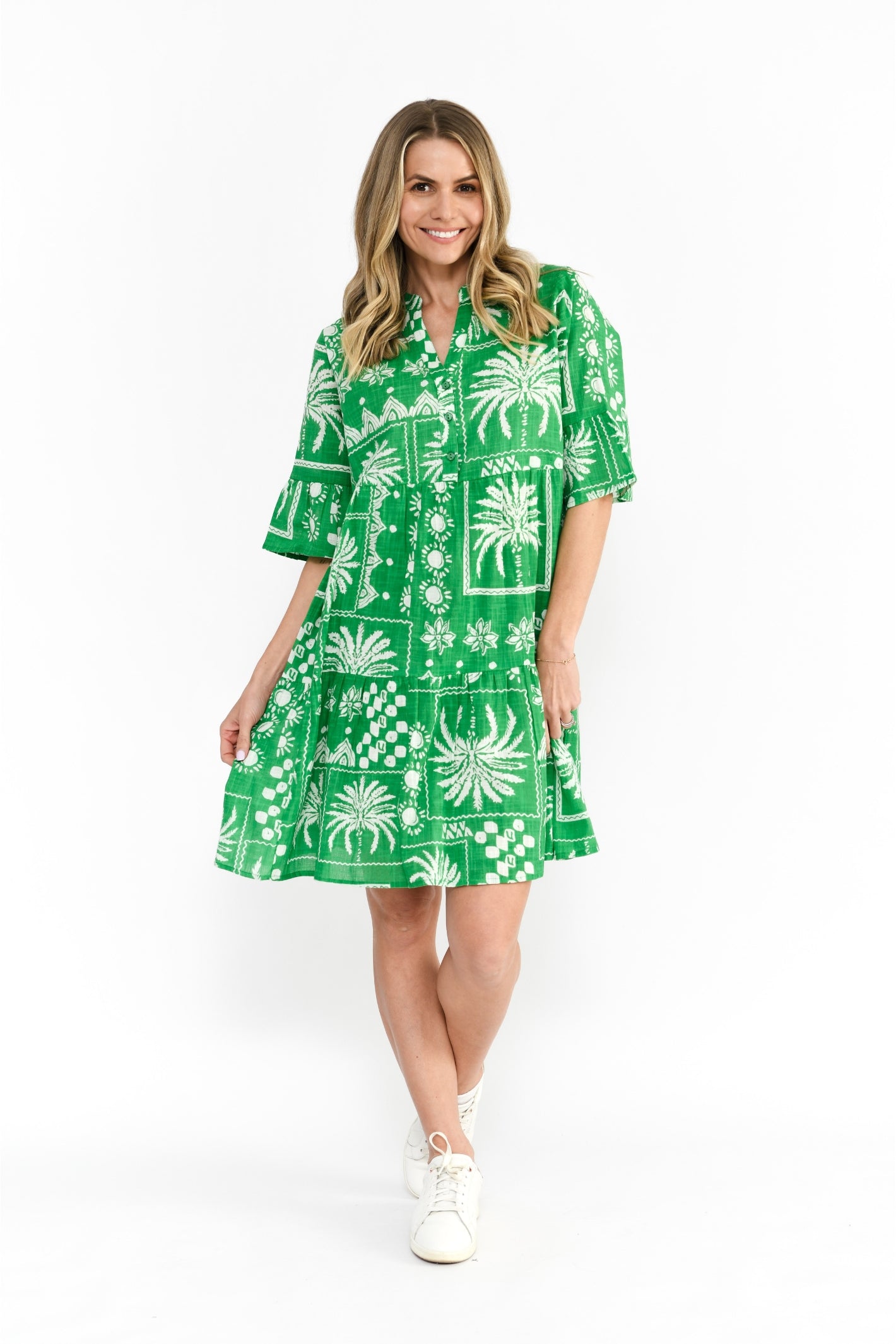 Maya Button V Neck Layer Dress Dress - Mono Patch Green