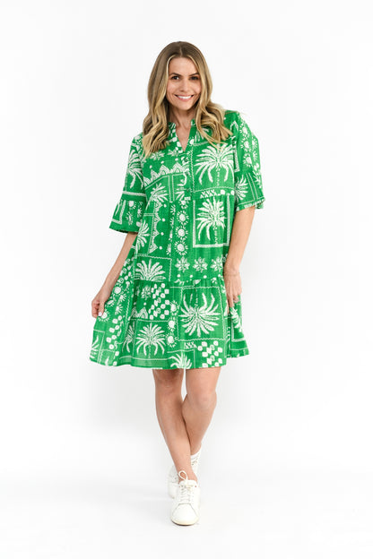 Maya Button V Neck Layer Dress Dress - Mono Patch Green