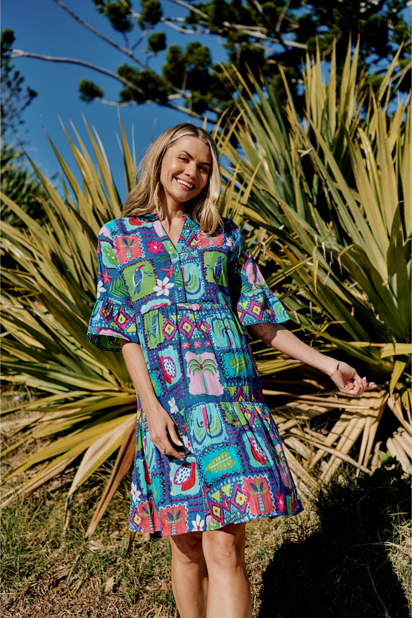 Maya Button V Neck Layer Dress Dress - Trop Stories Blue