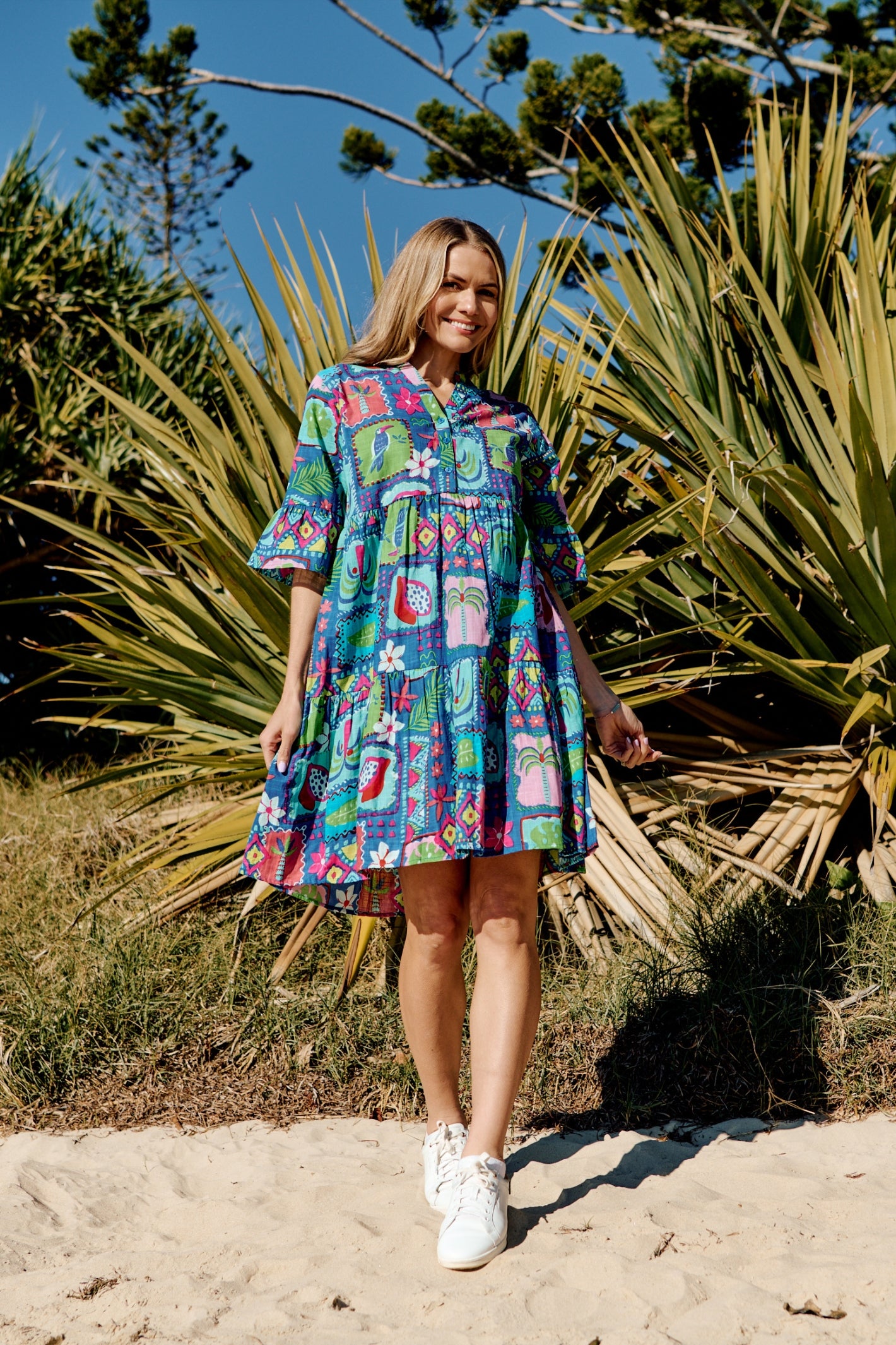 Maya Button V Neck Layer Dress Dress - Trop Stories Blue