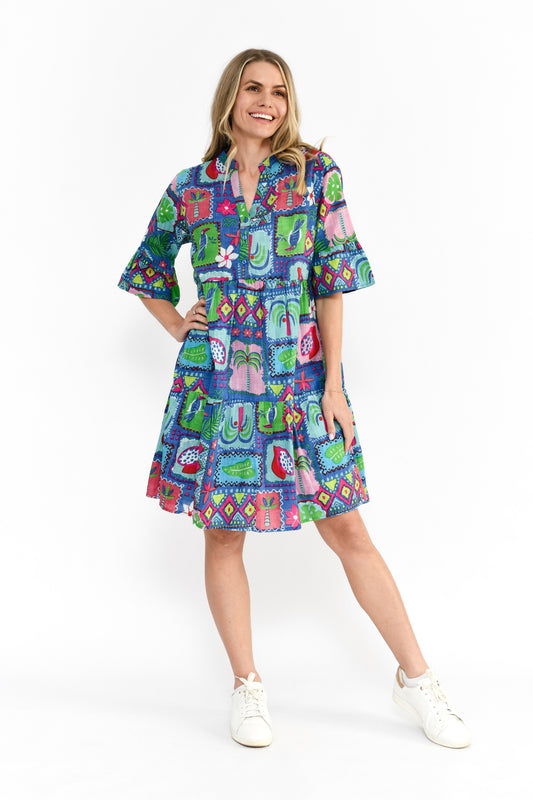 Maya Button V Neck Layer Dress Dress - Trop Stories Blue