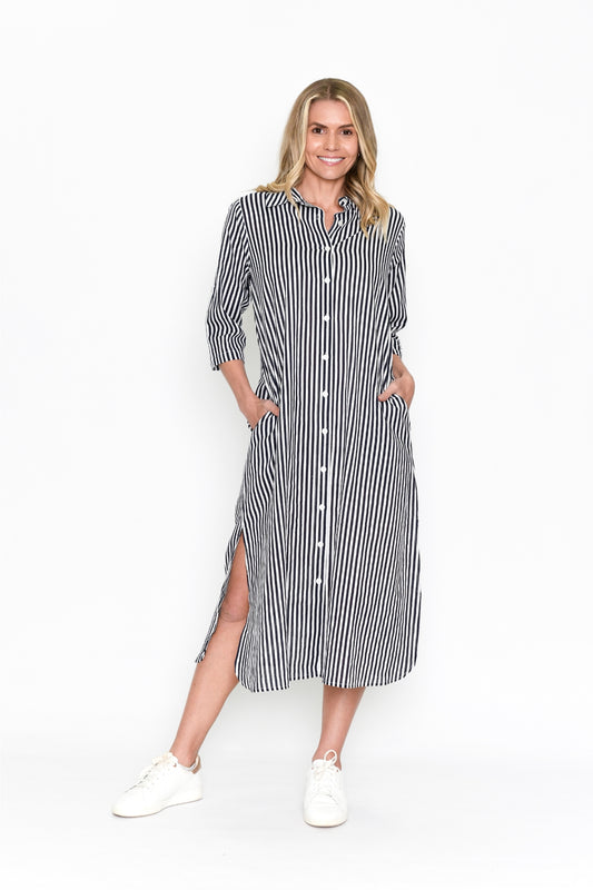 Sofia Shirt Dress Print Stripe - Stripe Navy